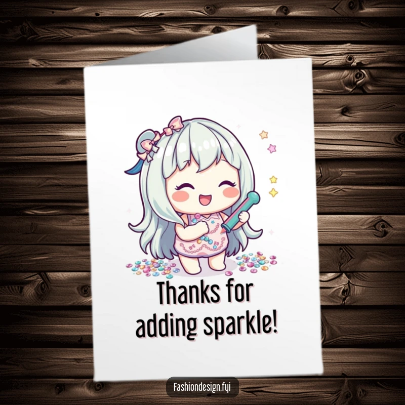 Funny free printable thank you card featuring a happy character adorning something with shiny sequins, conveying heartfelt thanks.
