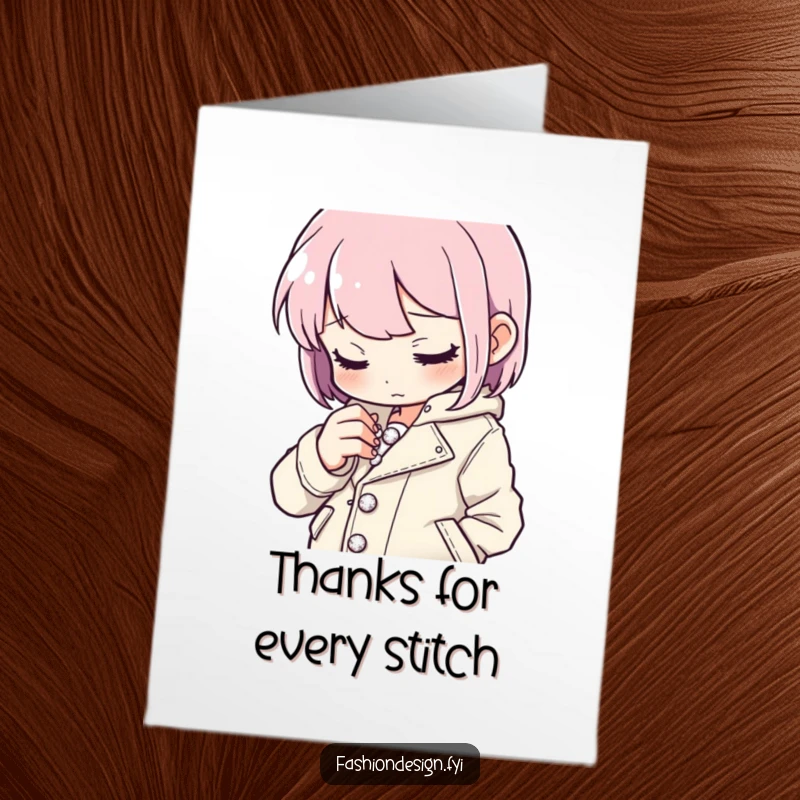 Funny Free Printable Thank You Card depicting a character intently stitching tiny, sparkling buttons onto a stylish jacket, showing appreciation.
