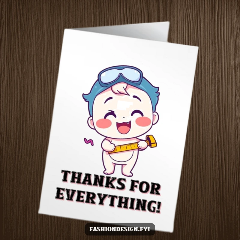 Funny Free Printable Thank You Card with a character excitedly using a measuring tape, showing appreciation.