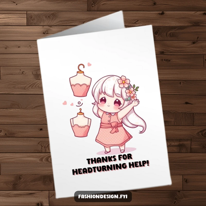 Funny Free Printable Thank You Card: Whimsical character in a sparkly apron tosses a mannequin head decorated with flowers.