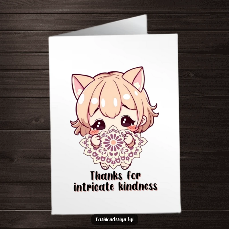 Funny Free Printable Thank You Card featuring a curious character studying a delicate and complex lace motif.