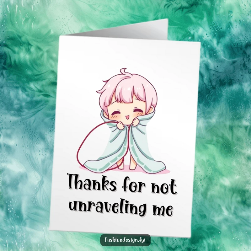 Funny Free Printable Thank You Card: Character in a comical mishap with unraveling fabric, a unique way to say thanks.