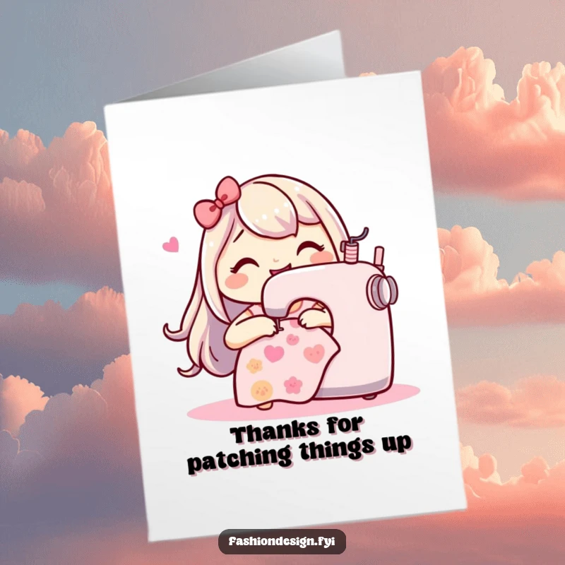 Funny Free Printable Thank You Card: Happy character sewing a thank you pattern with glee on a machine.