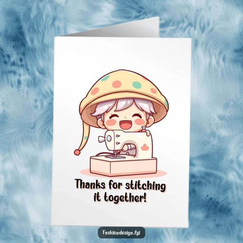 Funny Free Printable Thank You Card: Character with gleeful laugh sewing a ridiculously large, stylish hat.