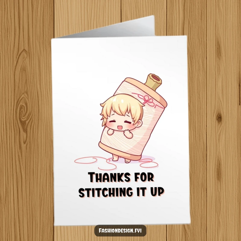 Funny Free Printable Thank You Card: Cute character battling a giant thread spool, a quirky sewing appreciation gift.
