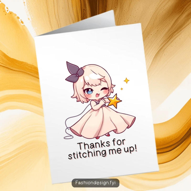 Funny Free Printable Thank You Card: Mischievous character smiling, using a large needle to stitch a tiny, winking star onto a gown.