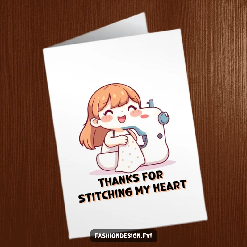 Funny Free Printable Thank You Card: Happy character smiling while using a sewing machine to create something special.