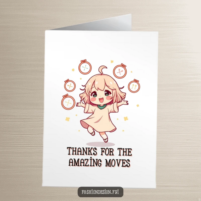 Funny Free Printable Thank You Card: Energetic character dancing with floating mannequins, a fashionable way to say thanks.