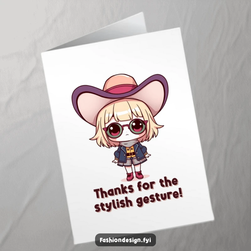 Funny free printable thank you card featuring a proud fashionista showing off an extravagant hat, sending thanks with style.