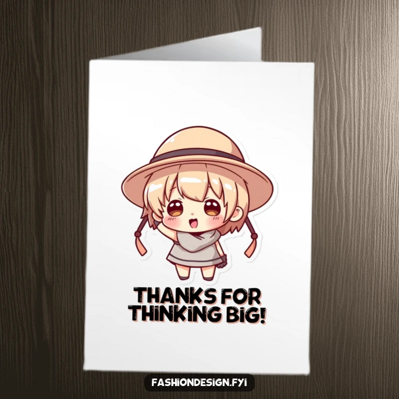 Funny Free Printable Thank You Card with a character comically trying on an enormous hat, a humorous appreciation.