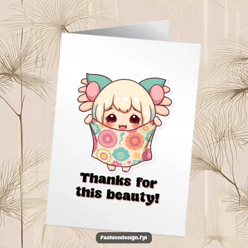 Funny Free Printable Thank You Card featuring a delighted character presenting a fantastically patterned fabric, a unique thank you.