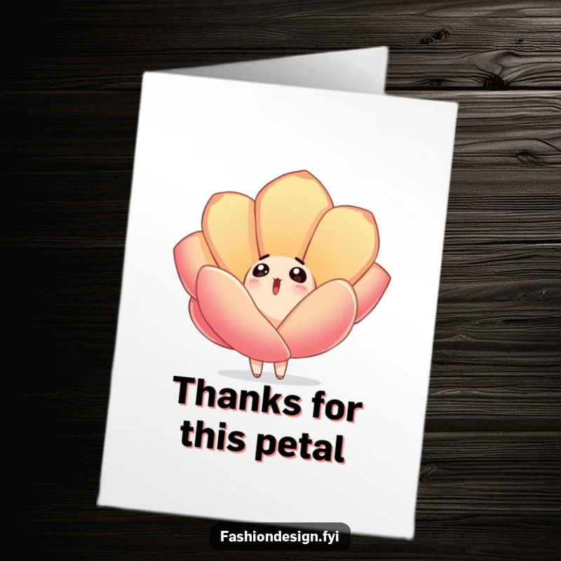 Funny Free Printable Thank You Card: Surprised character gazes up at a large embroidered fabric petal falling, ideal for DIY.