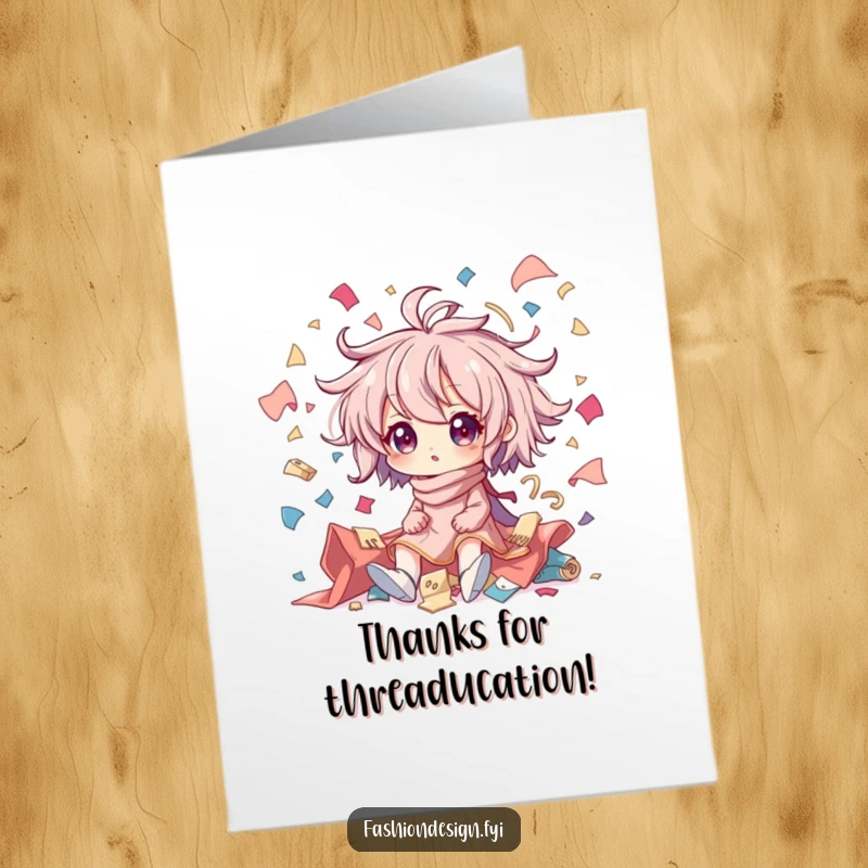 Funny Free Printable Thank You Card: Character in a creative mess with flying fabric, a humorous thank you.