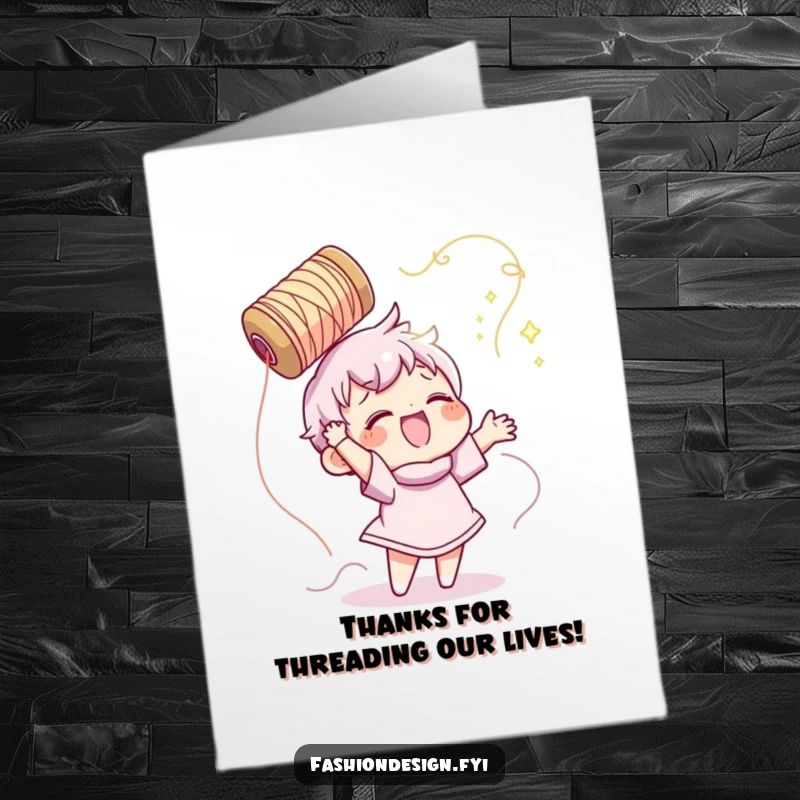 Funny Free Printable Thank You Card: Character tosses a spool of shimmering thread, symbolizing gratitude.