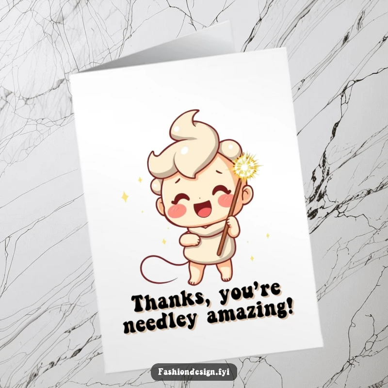 Funny Free Printable Thank You Card: A cheerful character holds a giant, sparkly needle, ready to stitch a thank you note.