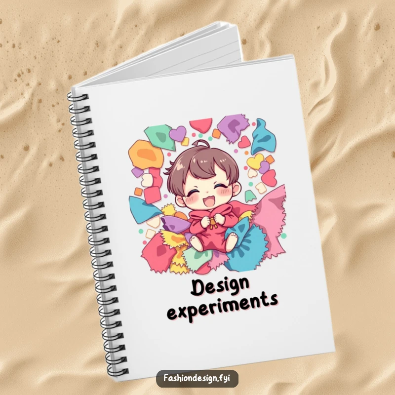Funny notebook cover art featuring a character giggling amidst a delightful cascade of colorful fabric scraps, ready to capture creative thoughts.