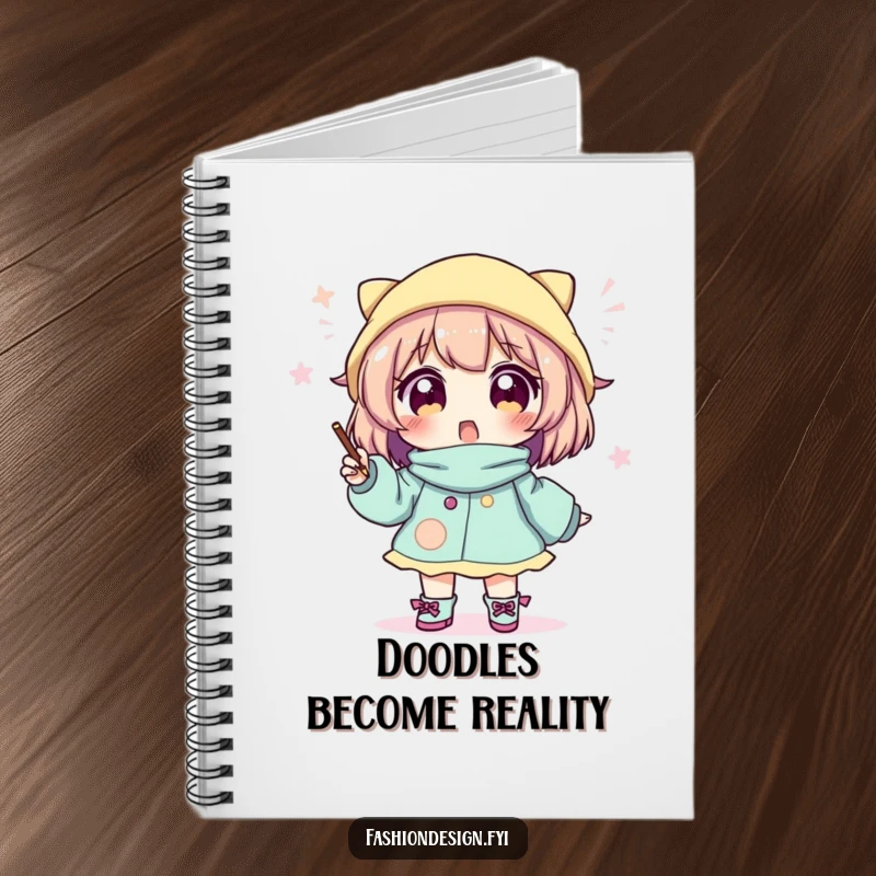 Funny notebook with an excited character eagerly sketching a unique and whimsical outfit, perfect for design notes.