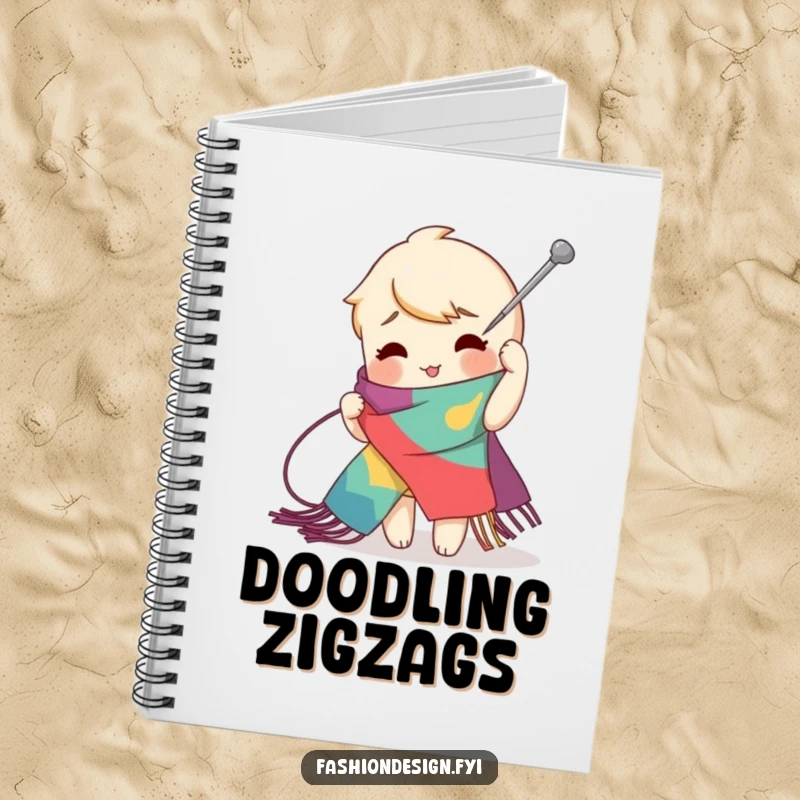 Funny zig-zag stitch notebook featuring a playful character using a giant needle to create an exaggerated stitch on a vibrant scarf, great for bold planning, funny gift.