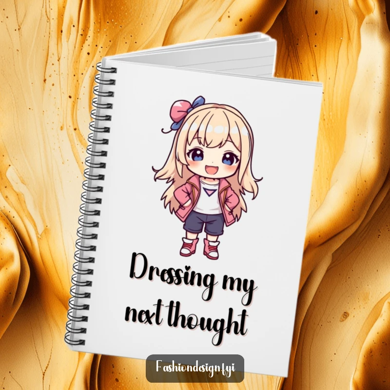 Funny notebook with a joyful character posing confidently in a stylish outfit they created, perfect for note-taking.