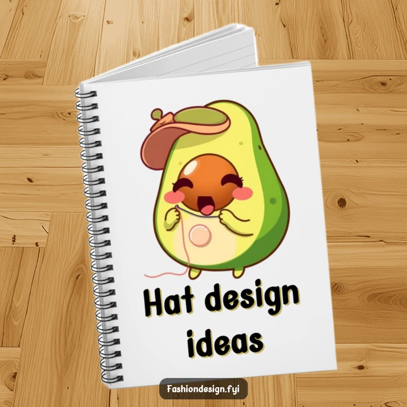 Funny surprised avocado with needle and thread, sewing a button on a tiny hat, notebook, perfect funny gift.