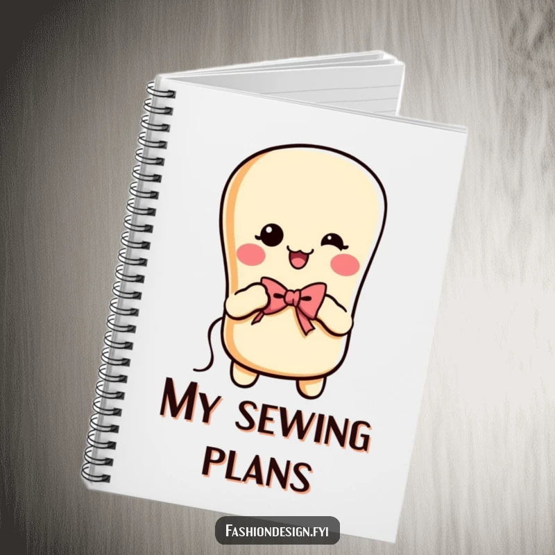 Funny cheerful baguette with arms, sewing a bow on a notepad, notebook, perfect funny gift.