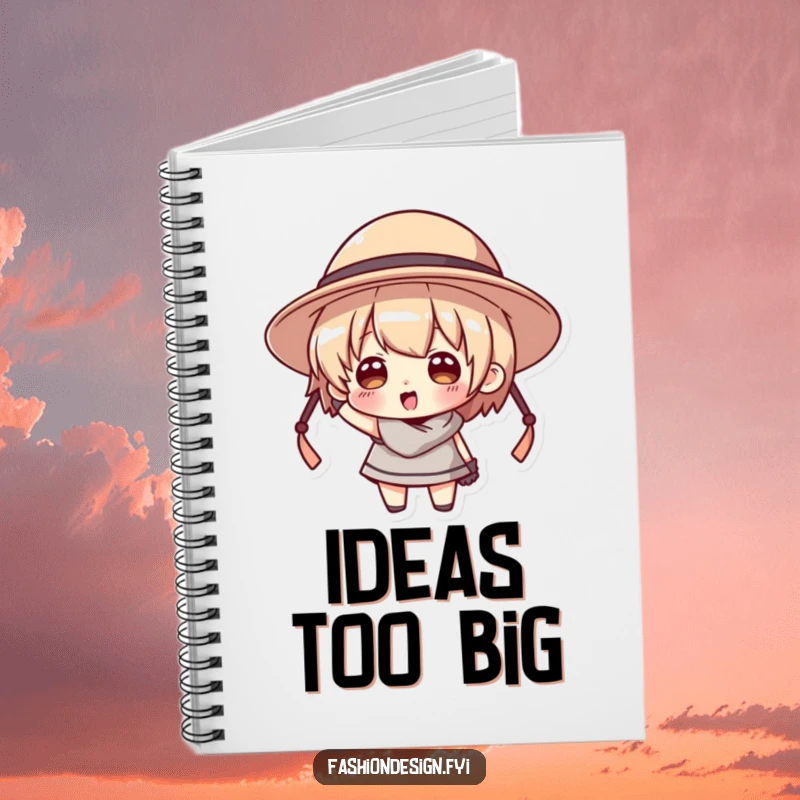 Funny notebook cover with a character comically struggling to wear a hat that is comically too big.