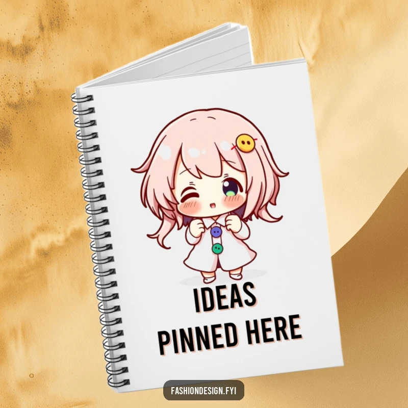 Funny notebook cover with an enthusiastic character pinning colorful buttons onto a design, ideal for project planning.