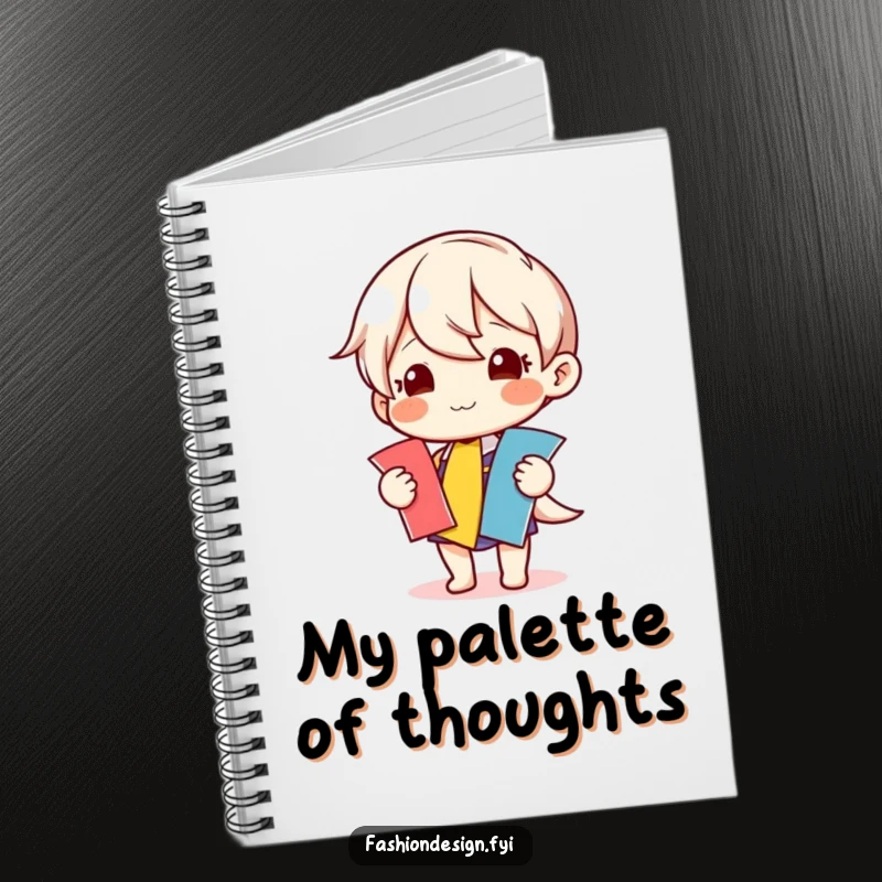 Funny notebook with a happy character selecting colorful fabric swatches, ideal for jotting down creative projects and ideas.