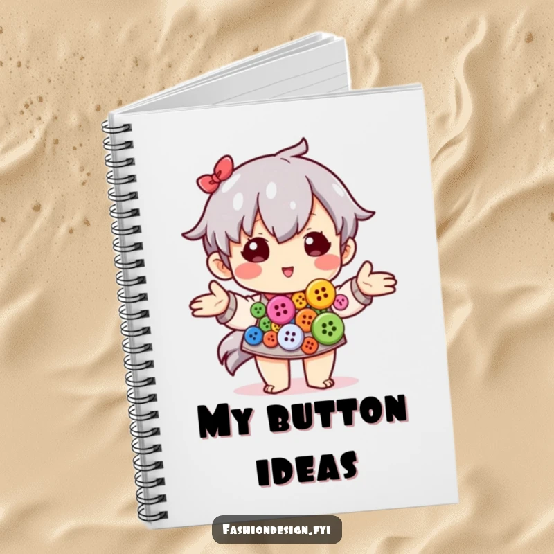 Funny notebook cover showing a character arranging colorful buttons, perfect for project planning.