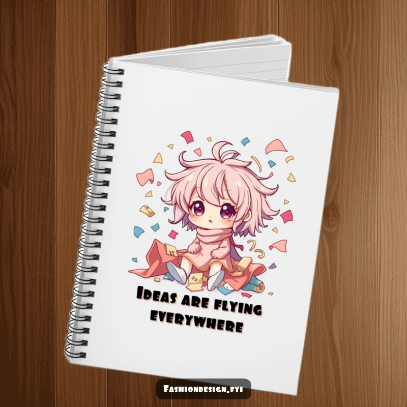 Funny notebook cover with a character in creative chaos, surrounded by flying fabric scraps; perfect for jotting down sewing or art ideas.