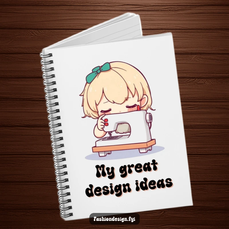 Funny notebook with a curious character examining a tiny sewing machine, perfect for documenting craft ideas.