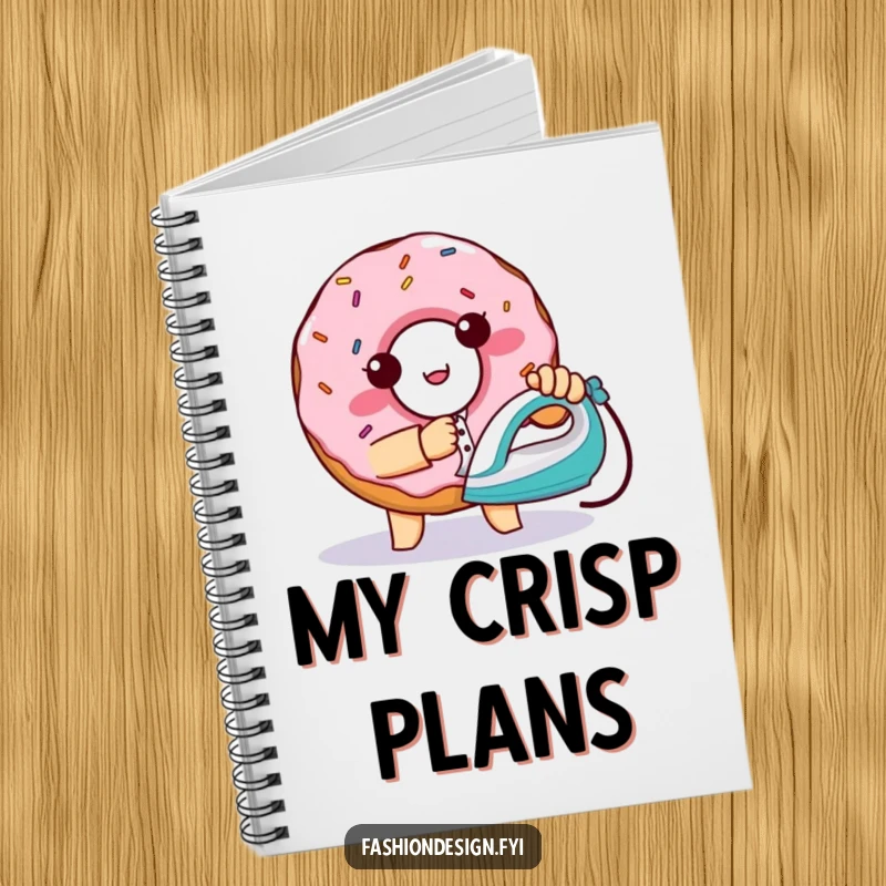 Funny mischievous donut with sprinkles, ironing a shirt, notebook, perfect funny gift.
