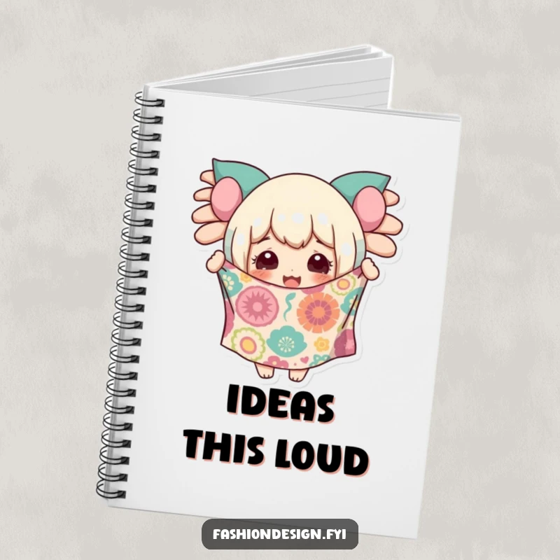 Funny notebook cover featuring a character with a delighted expression holding up a wildly patterned fabric.