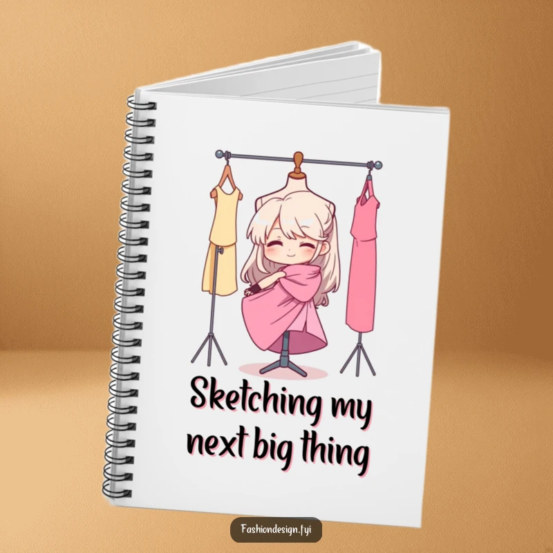 Funny notebook with a determined seamstress draping fabric on a mannequin, designed for capturing fashion sketches and ideas.