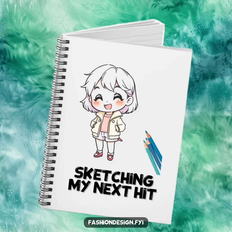 Funny notebook with a cheerful character enthusiastically sketching a fashion design, encouraging creativity and note-taking.