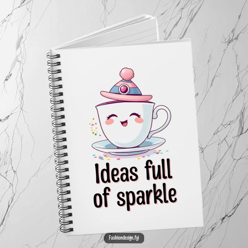 Funny notebook featuring a giggling teacup wearing a fashion hat and pouring colorful glitter.