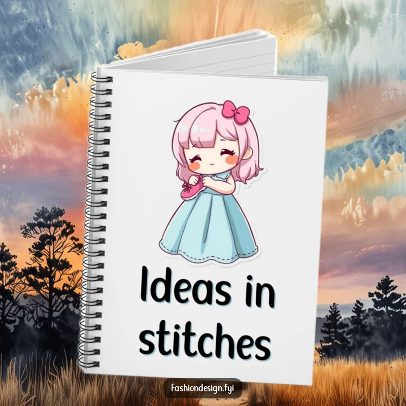 Funny notebook cover with a content character happily sewing a small, smiling shoe onto a colorful dress form, perfect for all your notes.