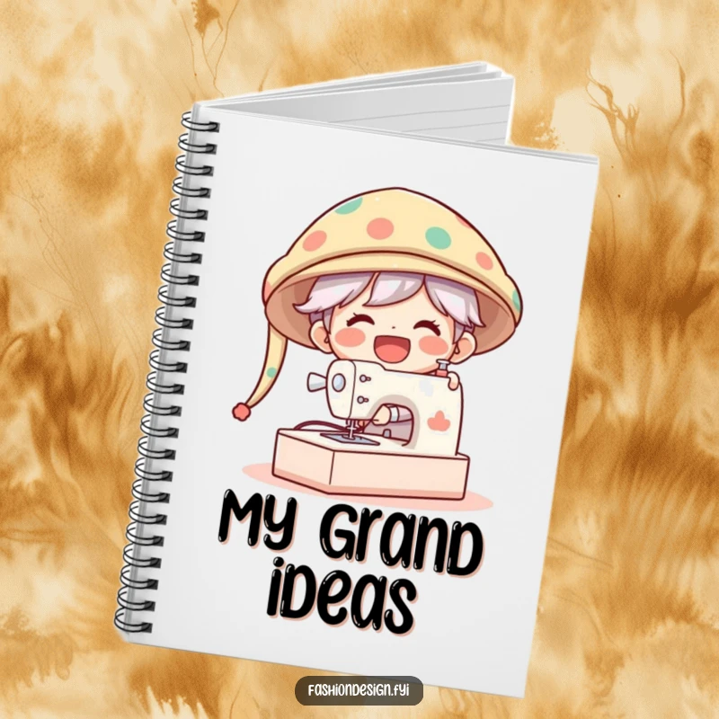 Funny Notebook design featuring a gleeful character laughing while sewing a comically oversized hat on a giant machine.
