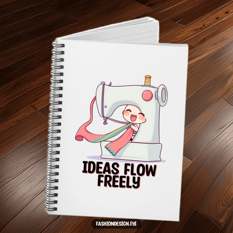 Funny ribbon pull notebook featuring a delighted character pulling a long colorful silk ribbon from a giant sewing machine, great for planning, funny gift.