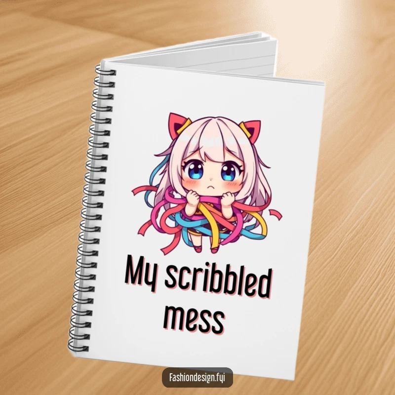 Funny notebook cover featuring a character comically tangled in colorful ribbons, looking playfully frustrated.
