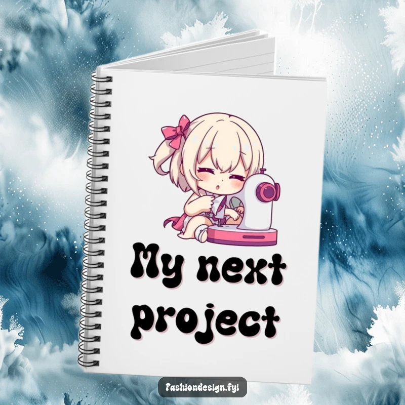 Funny Notebook: Dramatic character posing with a sewing machine mid-stitch, ideal for sewing notes and sketches.