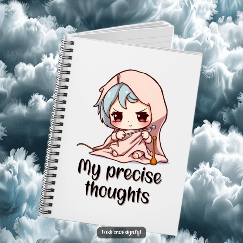 Funny notebook cover showing a character's focused effort while pinning fabric, perfect for project planning.