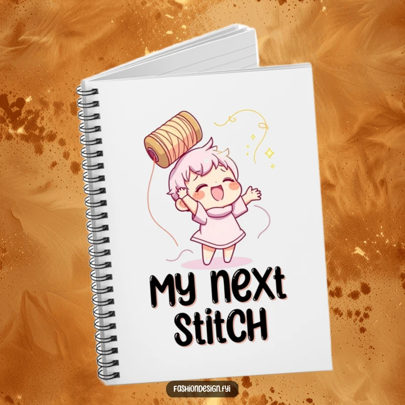 Funny notebook featuring a character gleefully tossing a spool of shimmering thread, ideal for sewing project notes.