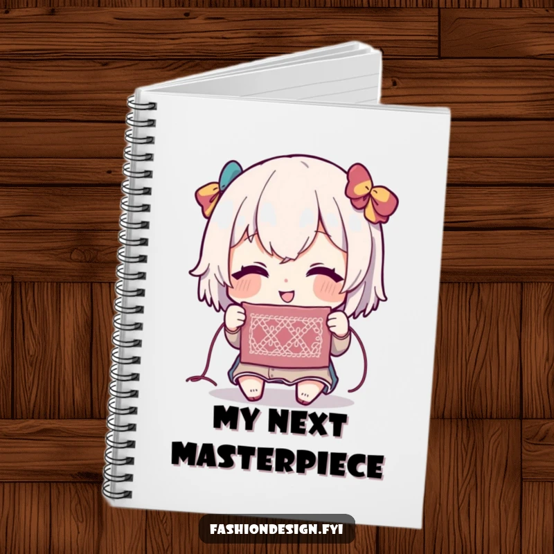 Funny notebook with a character showing delight while admiring an intricate stitch, inspiring crafting plans and ideas.