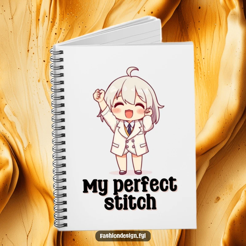 Funny notebook with a triumphant character holding a perfectly tailored miniature garment, ideal for sewing notes.