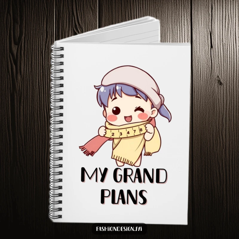 Funny notebook cover showing a character measuring an extremely long scarf, perfect for project planning.