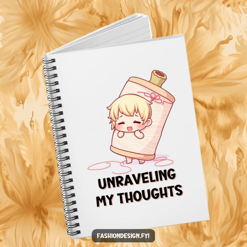 Funny notebook cover with a cute character adorably struggling with a huge spool of thread, ideal for journaling.