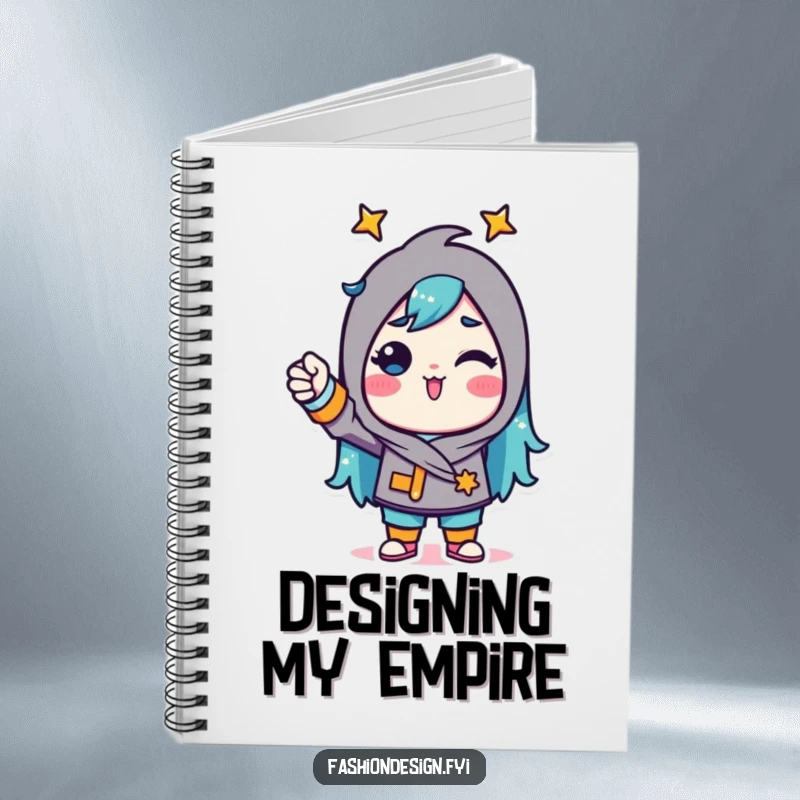 Funny Notebook with a triumphant character pinning fabric, symbolizing the capture of great ideas and designs.