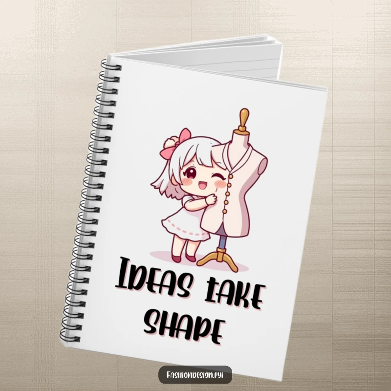 Funny seamstress notebook featuring a character happily pinning fabric to a mannequin, ideal for sketching designs and taking notes.