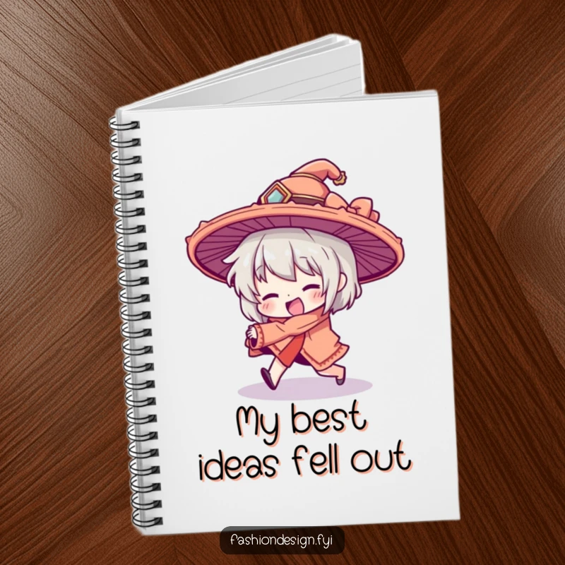 Funny notebook cover with a character comically tripping, their large hat flying; ideal for jotting down funny ideas and clumsy experiences.
